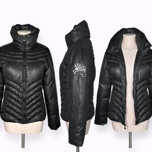 GUESS  Puffer Jacket Biker Moto Style Down Feather Mockneck Chevron Small Black